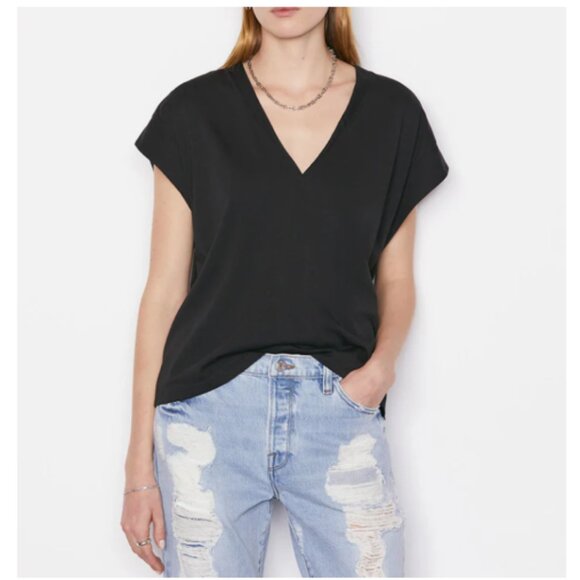 FRAME Le Mid Rise V Neck Tee in Noir (Black) XS 0  NWT - Picture 1 of 9